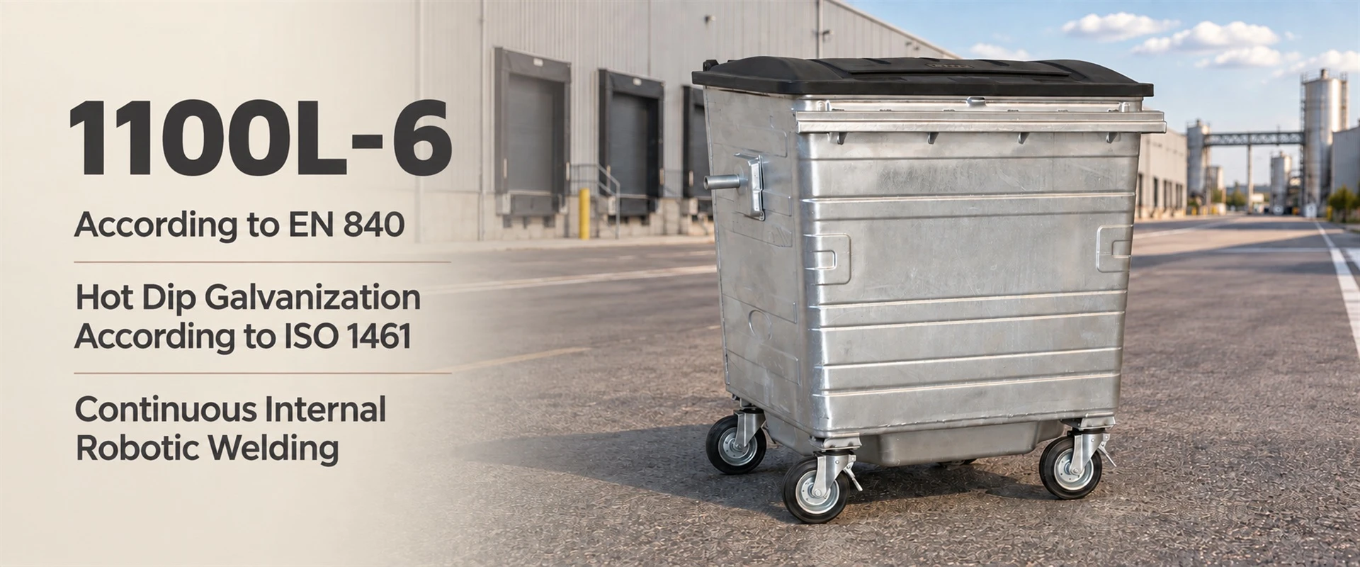 1100L-6 Waste Container with Plastic Flat Lid